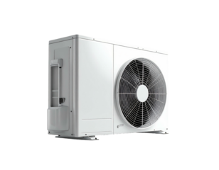 White outdoor HVAC unit, angled view, showing fan and access panel