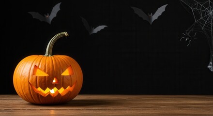 Spooky Halloween Jack-o'-lantern with glowing carved face, eerie bats, and detailed spiderweb on rustic wood table, dark background.