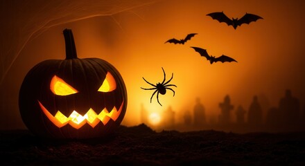 Eerie Halloween night scene with glowing jack-o'-lantern, flying bats, and spider in a mysterious orange mist.
