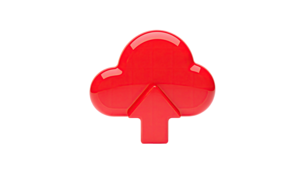 Red 3D cloud icon with an arrow pointing upward, set against black - Powered by Adobe