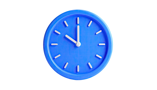 A stylized blue clock face with white hands, indicating ten o'clock on a black background - Powered by Adobe