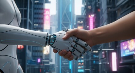 Innovative alliance: robotic companion and person forge bonds amidst a visionary metropolis