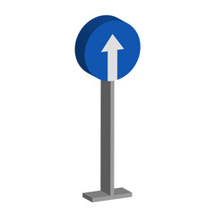 Blue road sign. Mandatory direction symbol. White arrow Vector illustration. Isometric traffic emblem.