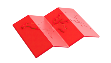 Red, folded paper map of the world, on a black background, with highlights and shadows