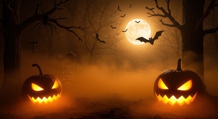 Eerie Halloween night scene with glowing jack-o'-lanterns, full moon, and flying bats in a misty, spooky forest