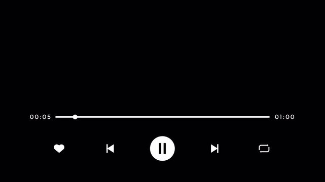 60 seconds minimal music player UI animation on a black background with sleek white controls. 4k animation video