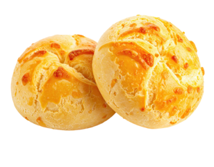 Two round, cheesy bread rolls, golden-brown, with a cross-hatch pattern