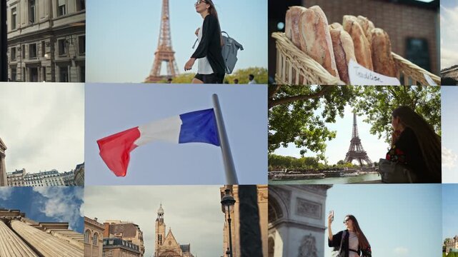 Video collage architecture and travel to Paris France. Beautiful landmarks of the capital, cityscapes for travel and tourism in Europe.