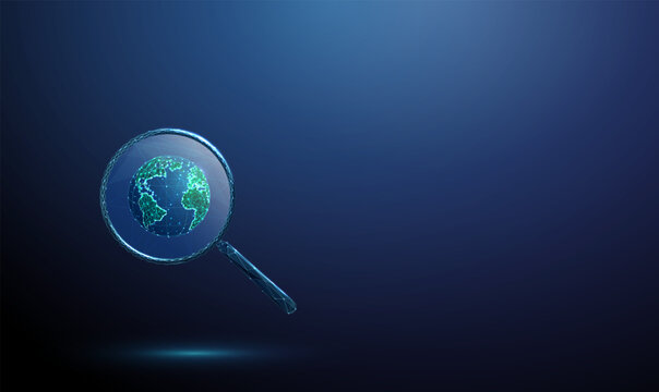 3d blue magnifying glass with Earth inside. Global observation, geoinformatics, data analysis, climate research, sustainable development concept.