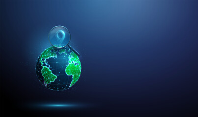 3d Earth under a blue magnifying glass with a pin icon inside. Location tracking, geospatial analysis, global navigation, map exploration concept.