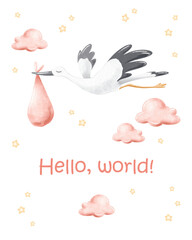 Cute watercolor greeting card for newborns hello world with stork.