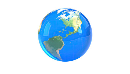 A glossy, transparent globe showcasing continents and oceans against a black backdrop