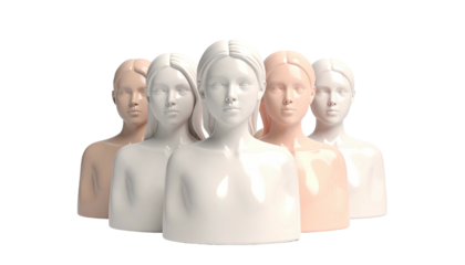 Five female mannequins, different skin tones, grouped together on a black background
