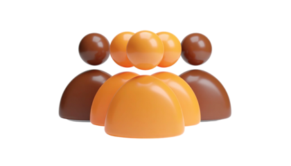 Group of stylized, glossy figures in orange and brown against a black background