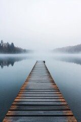 Fototapeta premium Misty Tranquility Over a Wooden Pier Leading to an Untamed, Ethereal Lake at Dawn s Early Light