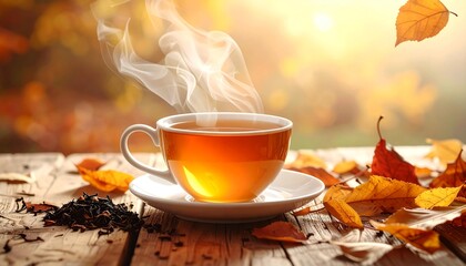 Hot Tea with Autumn Leaves
