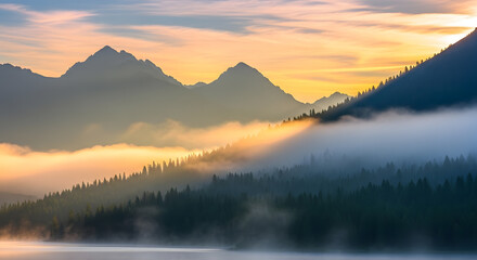 Fototapeta premium Peaceful Sunrise Over Mountains and Sky