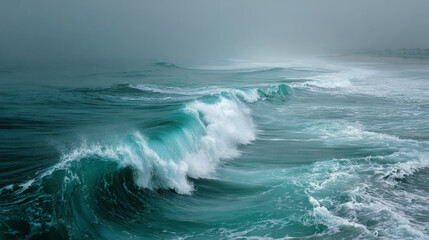 Captivating Moment of a Powerful Ocean Wave Crashing with Misty Background