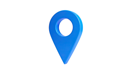 A glossy, blue, 3D location pin sits centered against a stark black backdrop