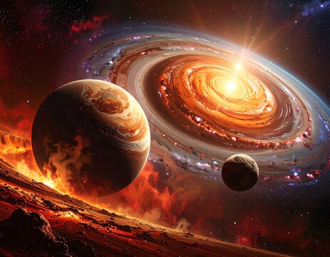 Cosmic rings and planets in a fiery nebula