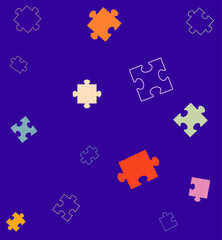 Naklejka premium Pattern with colorful scattered jigsaw puzzle pieces, abstract pattern. Perfect for concepts of teamwork, connection, game, strategy, collaboration, and education design elements, texture, textiles.