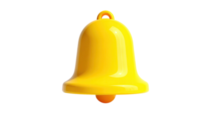 Shiny, yellow, 3D bell with ring on top, sitting against a black background