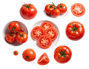 Assorted whole and sliced tomatoes on white plates, displayed in a grid pattern