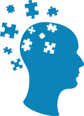 Silhouette of head made of blue puzzle pieces, symbolizing brain activity, education, memory and mental health. Abstract conceptual illustration of brain damage, psychological problems and stress.