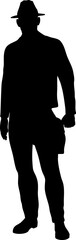 Illustration of a full body silhouette of a man wearing a hat, cross body bag. Man with shoulder bag, evoking the look of an adventurer or explorer.