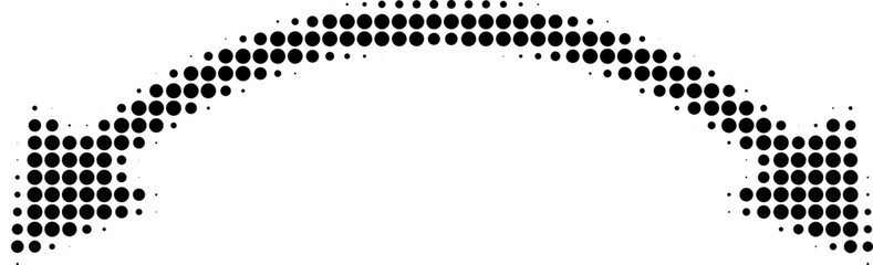 Abstract retro illustration of round halftone double sided arrow pointing left and right. Black circular dot pattern, geometric arrow shapes. Minimalistic, horizontal orientation, abstract design.