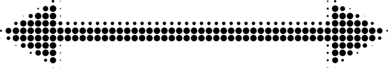 Abstract retro illustration of round halftone double sided arrow pointing left and right. Black circular dot pattern, geometric arrow shapes. Minimalistic, horizontal orientation, abstract design.