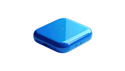 Bright blue, square, glossy device with rounded edges, isolated on a black background