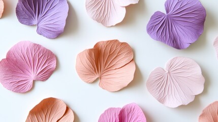 Flat lay of hydrangea petals in blush and lavender tones creating a delicate, aesthetic design