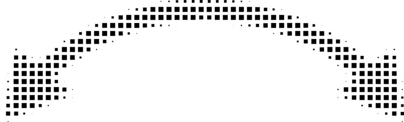 Abstract retro illustration of square halftone double sided arrow pointing left and right. Black square dot pattern, geometric arrow shape. Minimalistic, horizontal orientation, abstract design.