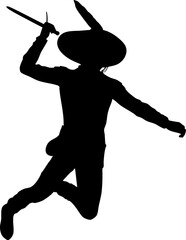 Silhouette illustration of a swordsman in a dynamic pose, holding a sword and wearing traditional attire. Perfect for medieval, fencing, warrior, or fantasy themed designs and artworks.