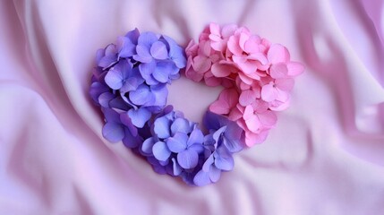 Flat lay of pastel hydrangea blossoms forming a heart shape on soft fabric background