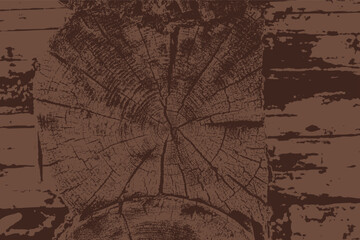 Detailed illustration of brown rustic wooden log wall with visible growth rings and weathered surface. High contrast texture design ideal for backgrounds, patterns, or natural wood-themed graphic proj