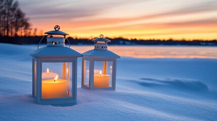 Flickering candles in vintage white lanterns nestled in fresh snow during a vibrant winter sunset