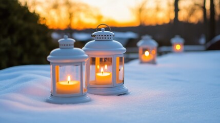 Flickering candles in vintage white lanterns nestled in fresh snow during a vibrant winter sunset