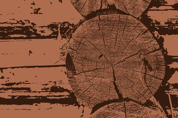 Detailed illustration of brown rustic wooden log wall with visible growth rings and weathered surface. High contrast texture design ideal for backgrounds, patterns, or natural wood-themed graphic proj