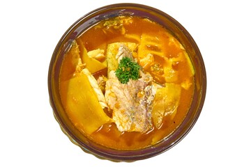 Authentic Thai Sour Curry with Sea Bass (Gaeng Som Pla Kaphong) Isolated on White