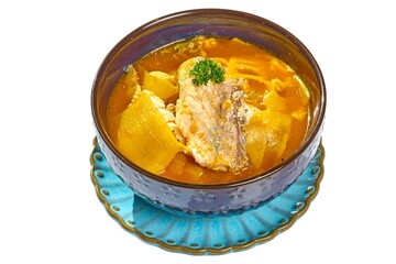 Authentic Thai Sour Curry with Sea Bass (Gaeng Som Pla Kaphong) Isolated on White