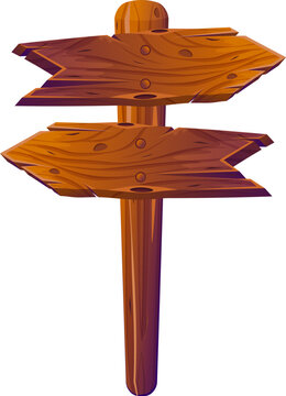 Illustration of a cartoon style wooden direction signpost featuring a textured arrow plank mounted on a vertical wooden pole. Ideal for games, maps, or adventure themed designs.