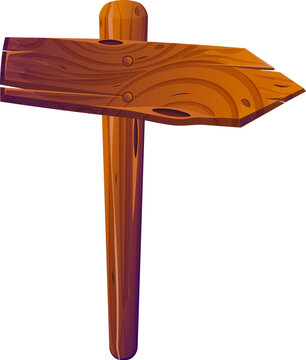 Illustration of a cartoon style wooden direction signpost featuring a textured arrow plank mounted on a vertical wooden pole. Ideal for games, maps, or adventure themed designs.