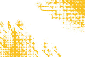 Abstract yellow brush strokes blended with halftone dot patterns on a clean white background. The modern texture creates a dynamic, artistic composition.