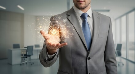 A businessman in a suit holds a glowing compass with icons, symbolizing direction and strategy in a modern office
