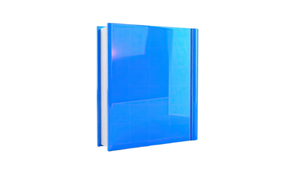 A glossy blue book, upright on a black background, reflecting light