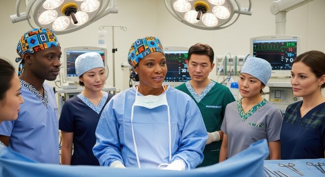 Diverse Medical Team Collaborates in Modern Operating Room for Surgery.
