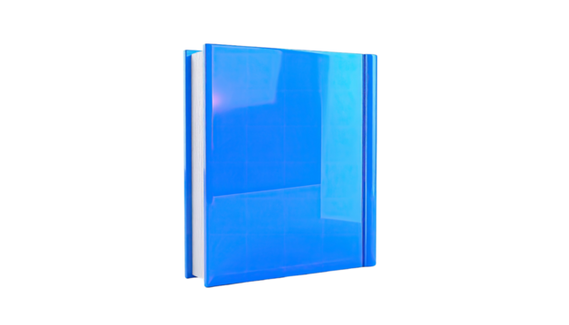 A glossy blue book, upright on a black background, reflecting light