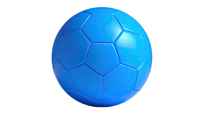 A vibrant blue sphere, with hexagonal and pentagonal panels, on a black background